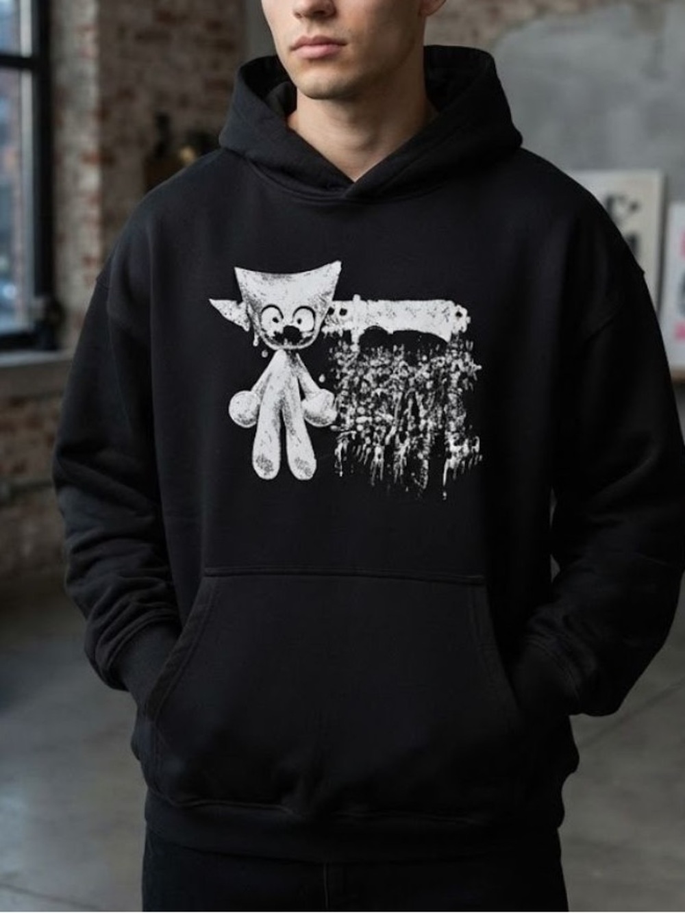 Black Cat Graphic Hoodie For Unisex, Retro 90s Style
